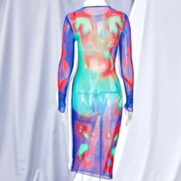 STASIA 3006: Infrared Body 5th Element Mesh Long Sleeve Maxi Dress - Picture 8 of 16